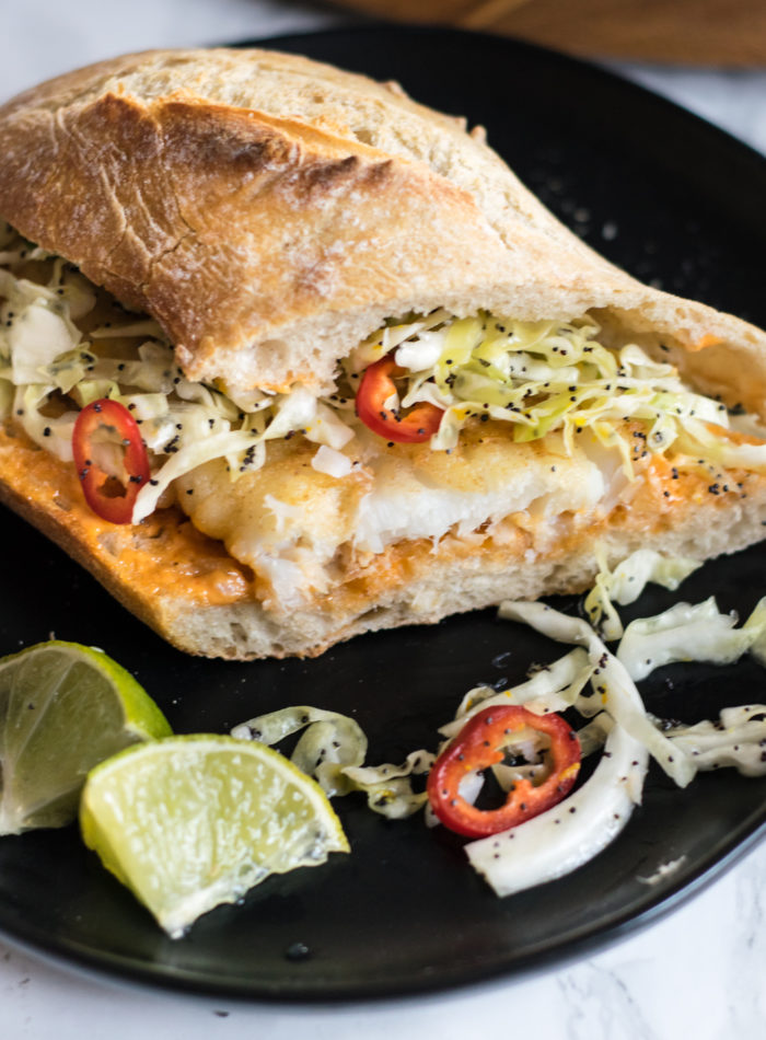 Spicy Fish Sandwiches with Citrus Poppy Slaw