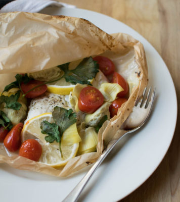 Cod en Papillote with Tomatoes and Artichokes