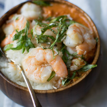 Shrimp with Coconut Rice and Tomato Pepper Sauce