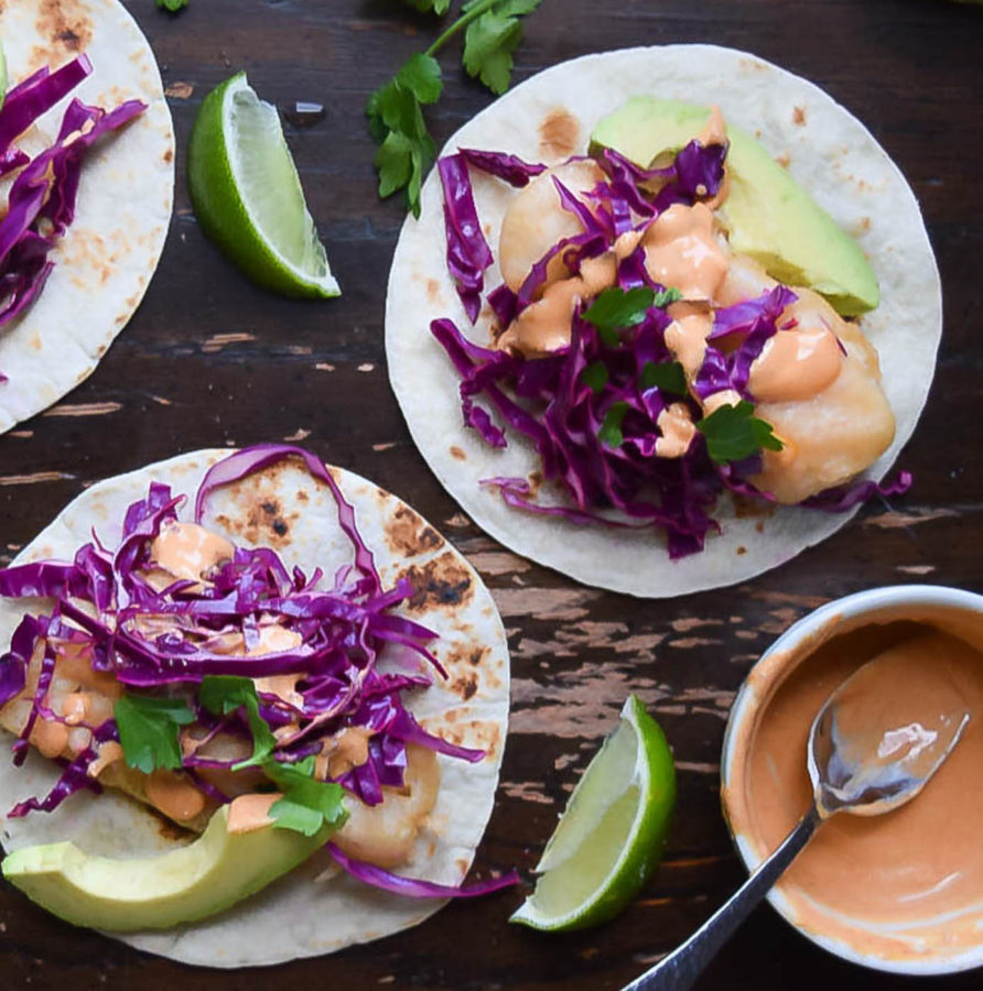 Crispy Fish Tacos with Sriracha Sesame Mayo and Quick Pickled Cabbage