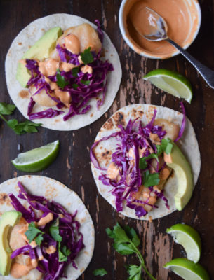 Crispy Fish Tacos with Sriracha Sesame Mayo and Quick Pickled Cabbage