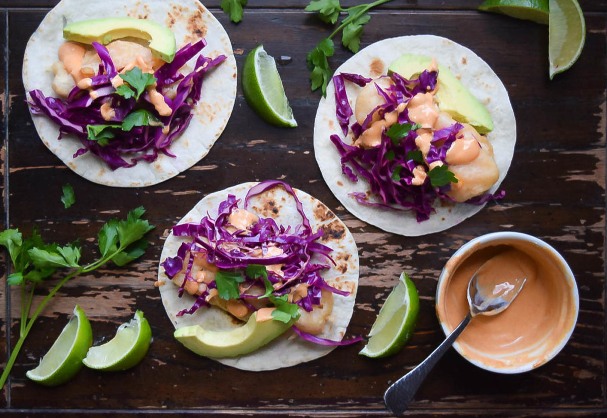 Crispy Fish Tacos with Sriracha Sesame Mayo and Quick Pickled Cabbage