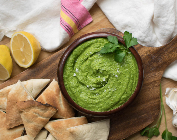 green dip with pita