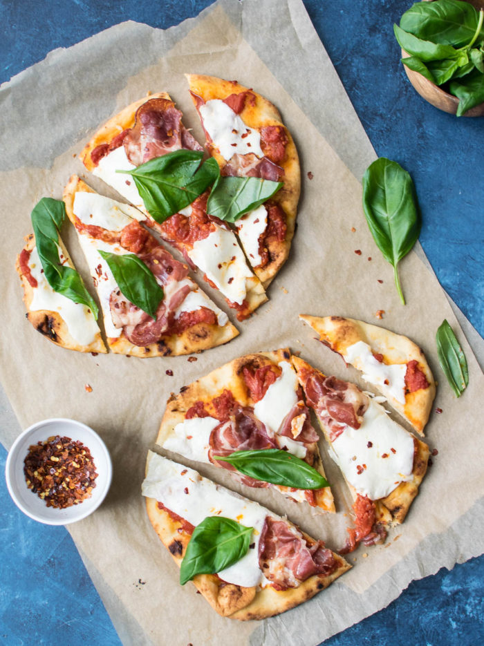 Naan Pizza with Fresh Mozzarella cut into pieces