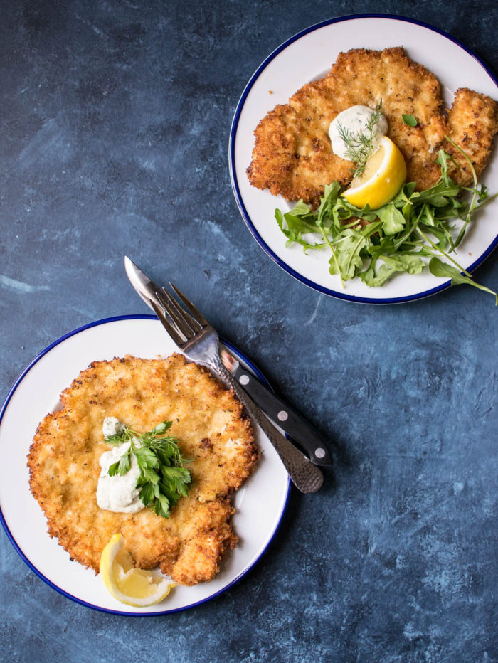 Chicken Schnitzel with horseradish and yogurt sauce