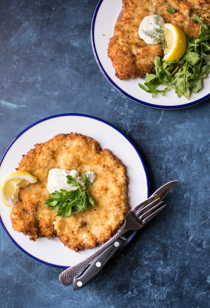 Chicken Schnitzel with horseradish and yogurt sauce