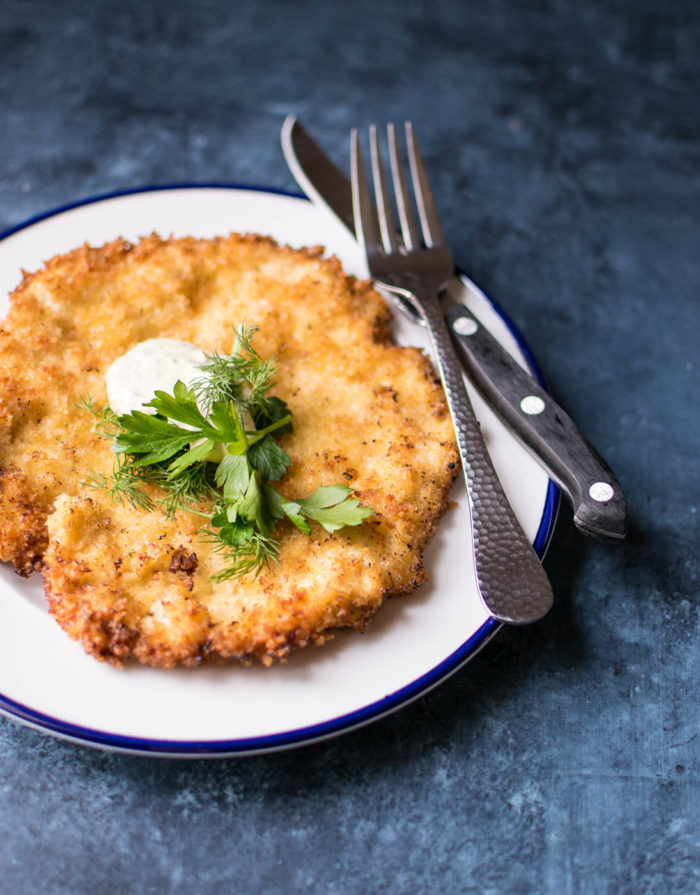 Chicken Schnitzel with horseradish and yogurt sauce