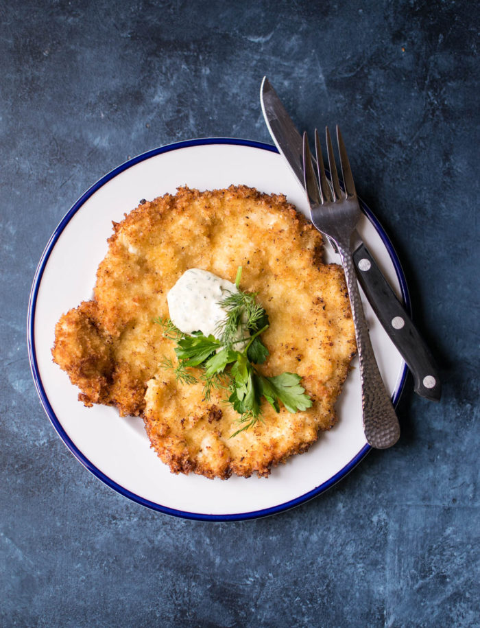 Chicken Schnitzel with horseradish and yogurt sauce