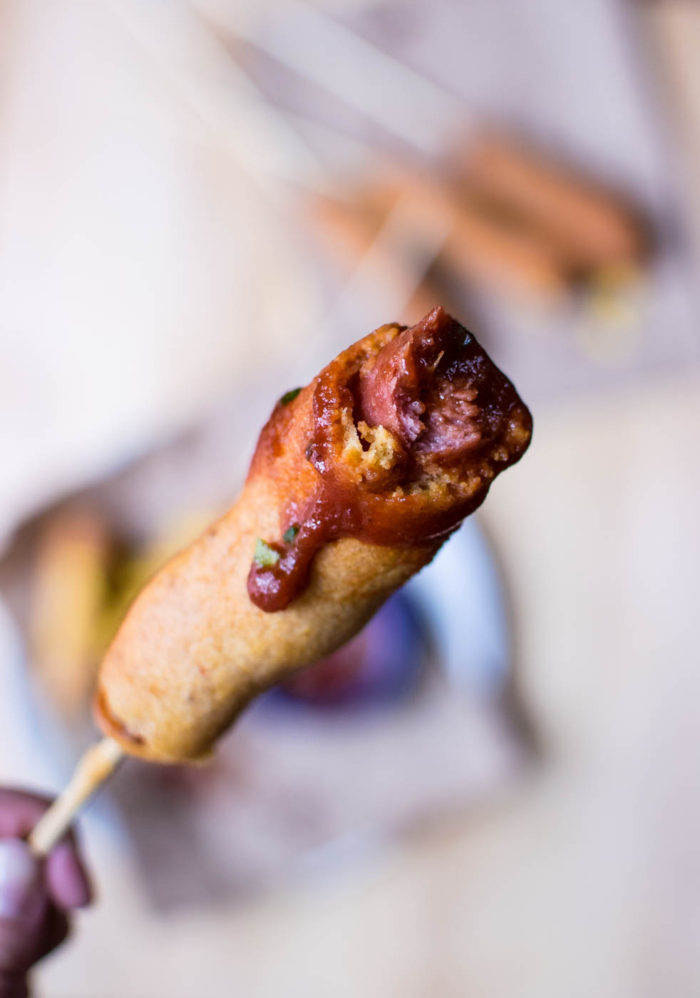 gochujang corn dog with sauce