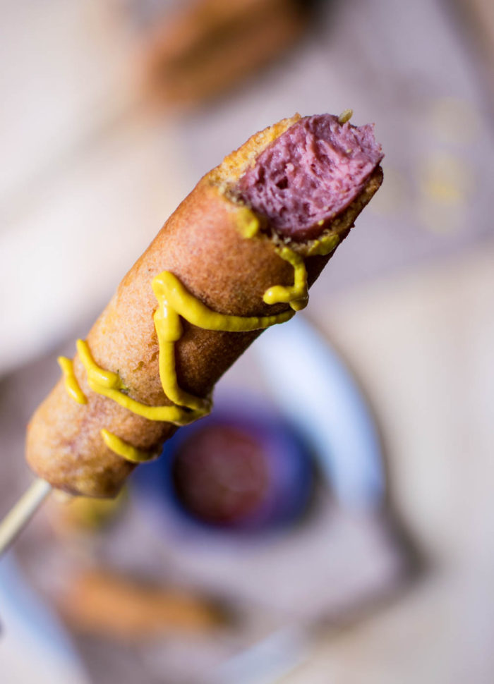 gochujang corn dog with mustard