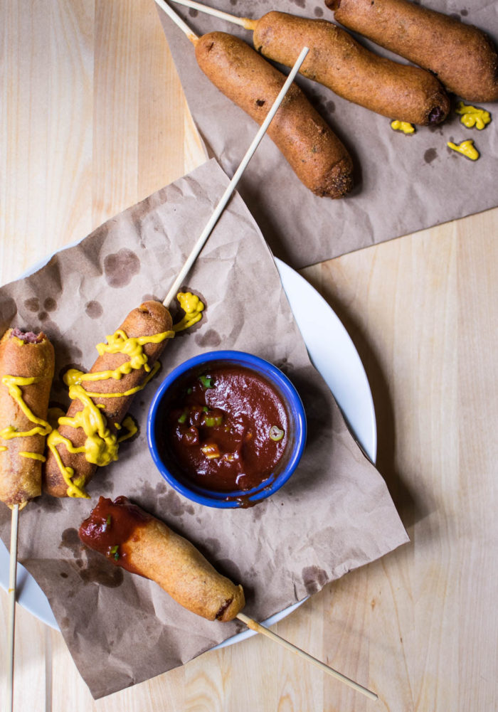 gochujang corn dogs with mustard