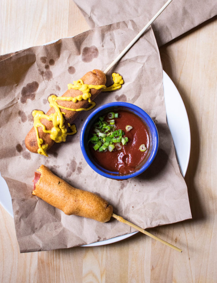 gochujang corn dog with mustard