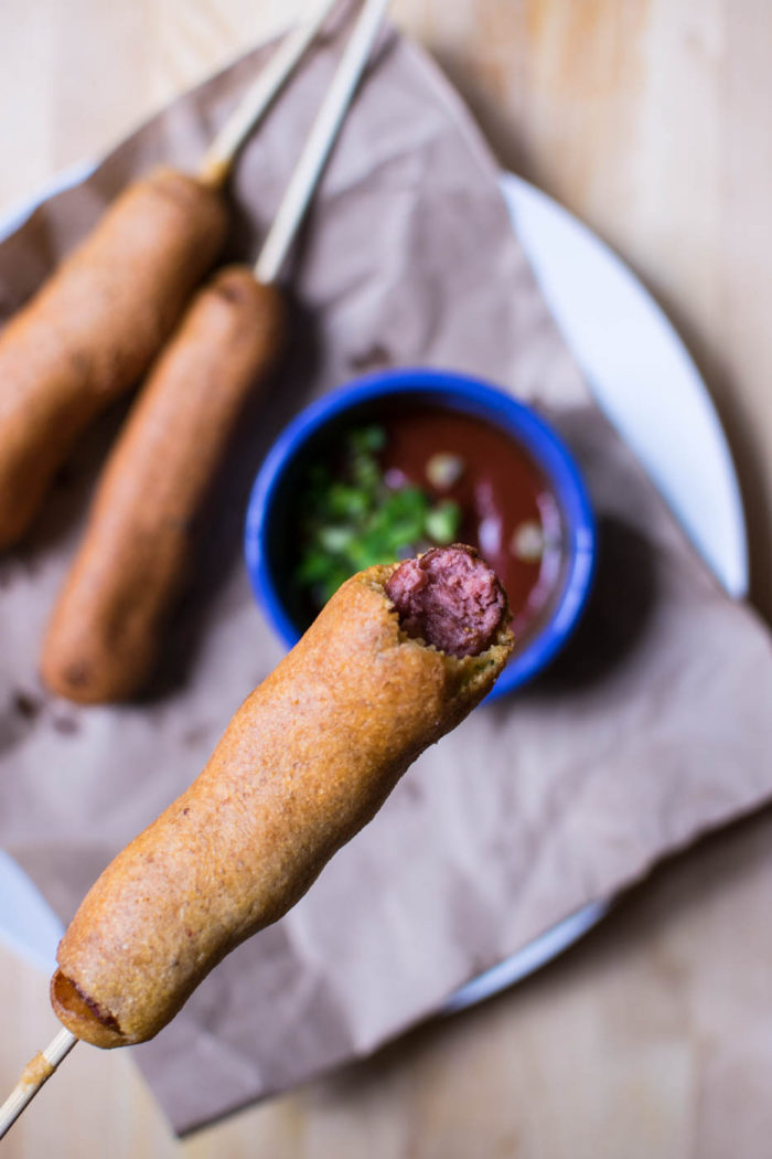 gochujang corn dog with sauce