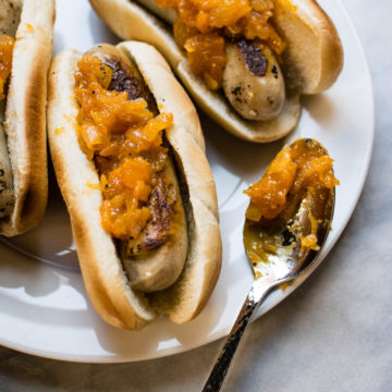 Brats with Spicy Apricot Sauce