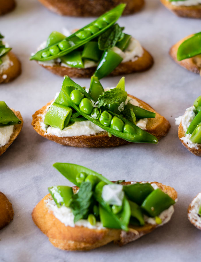 Sugar Snap pea crostini with ricotta and mint