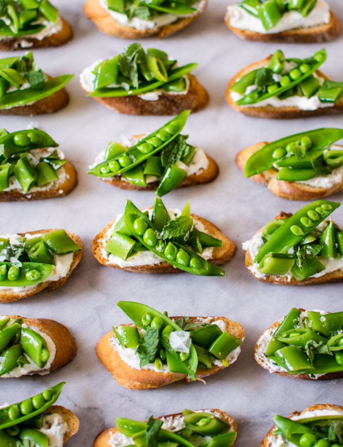 Sugar Snap pea crostini with ricotta and mint