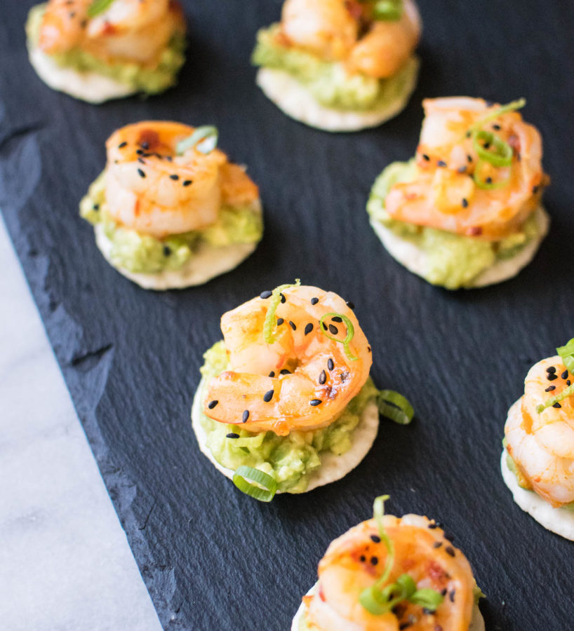 Spicy Shrimp and Smashed Avocado Bites.