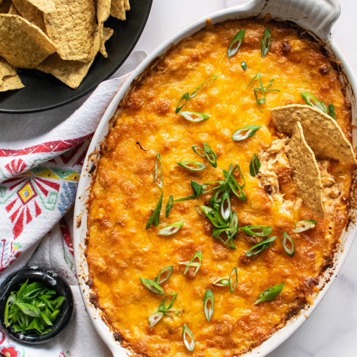 Mexican Shredded Chicken Dip with tortilla chips.