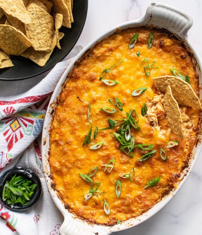 Mexican Shredded Chicken Dip with tortilla chips.