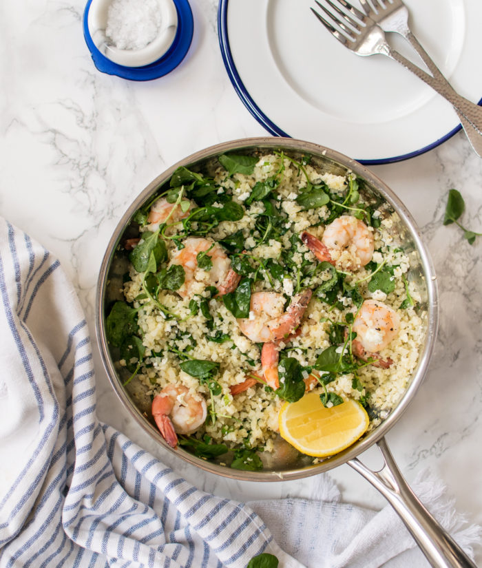 Cauliflower Rice with Shrimp, Watercress, and Feta 