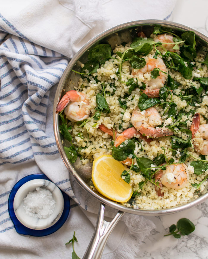 Cauliflower Rice with Shrimp, Watercress, and Feta 