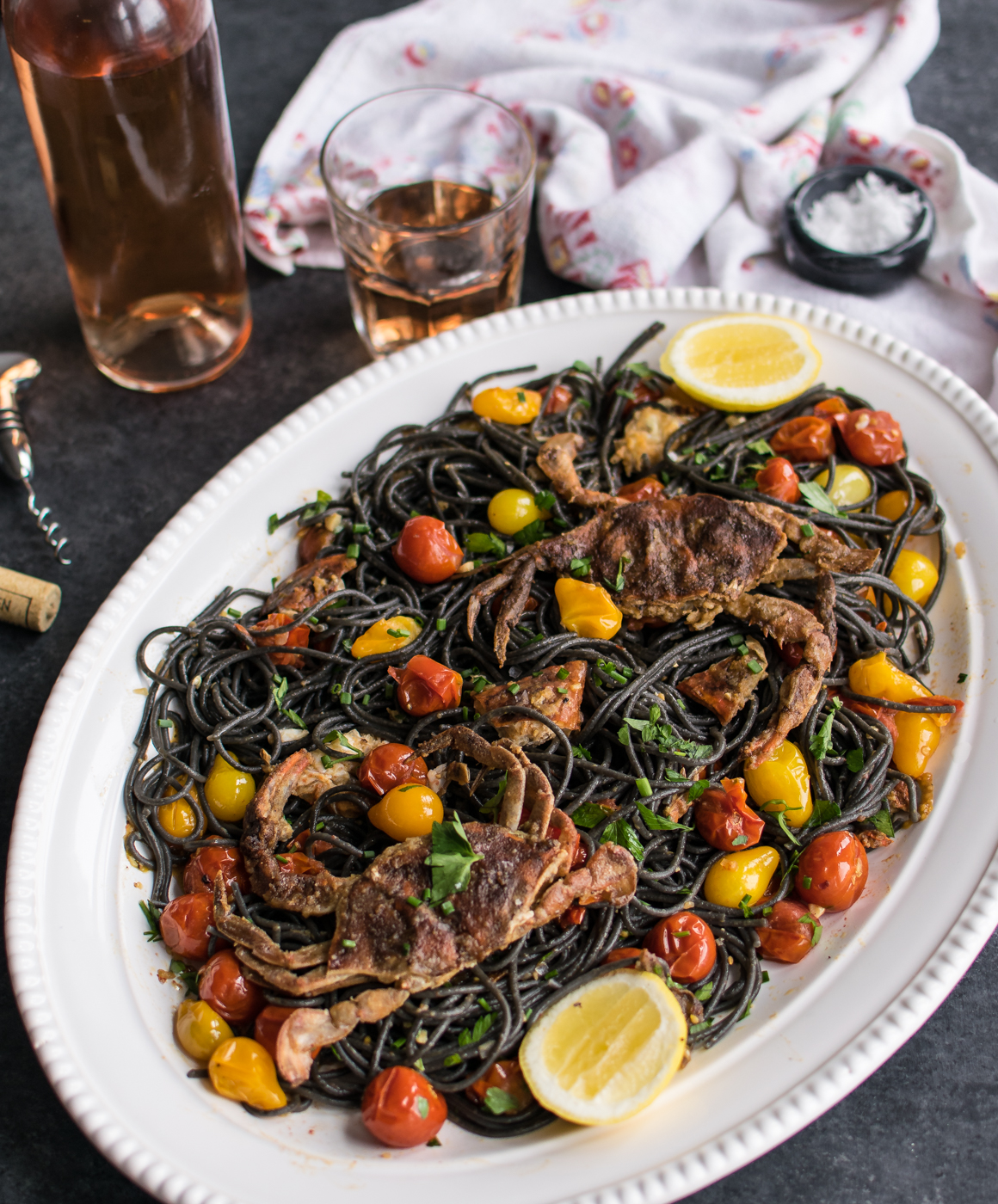 Squid Ink Pasta with Soft Shell Crab and Tomatoes | Carolyn's Cooking
