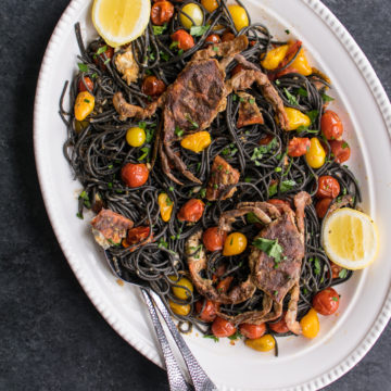 squid ink pasta with soft shell crab