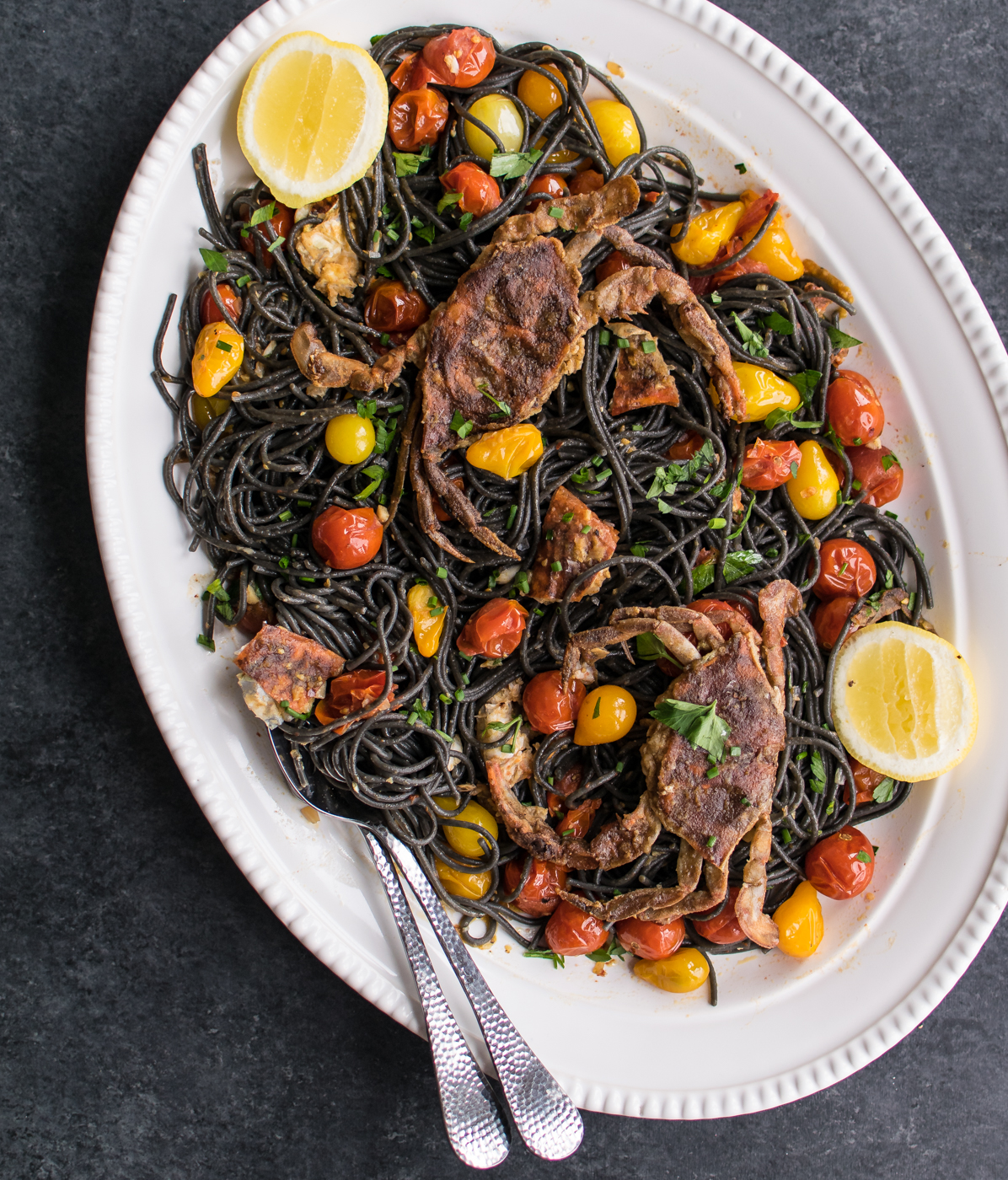 Squid Ink Pasta with Soft Shell Crab and Tomatoes Carolyn's Cooking