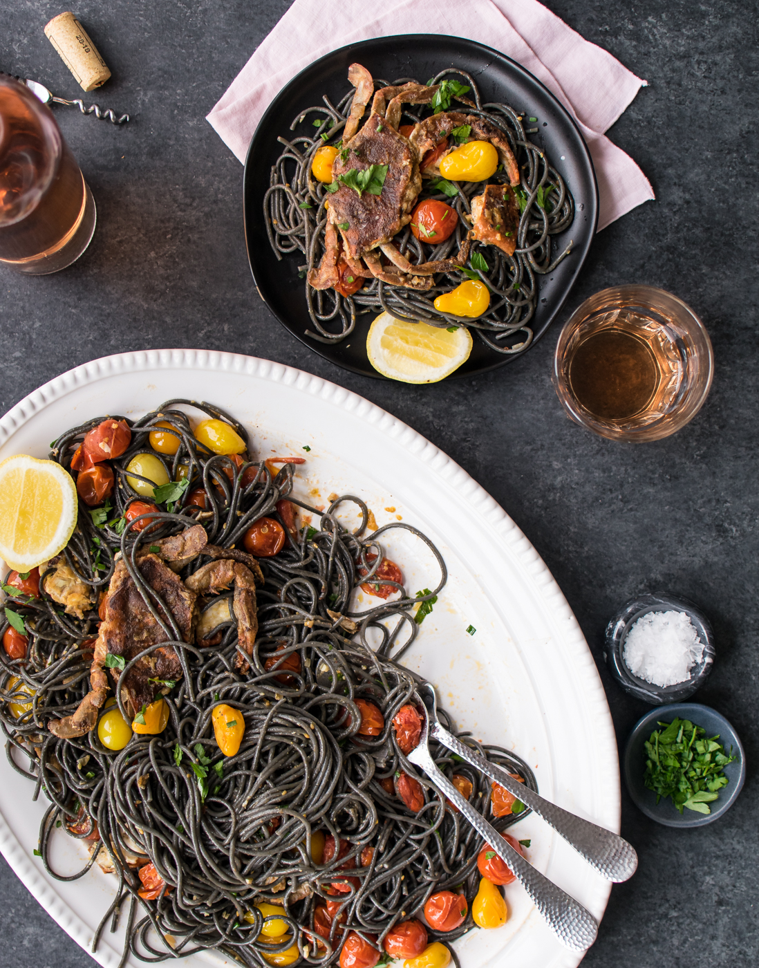 Squid Ink Pasta with Soft Shell Crab and Tomatoes | Carolyn's Cooking