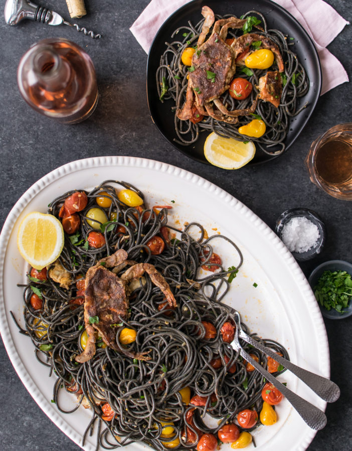 squid ink pasta with soft shell crab 