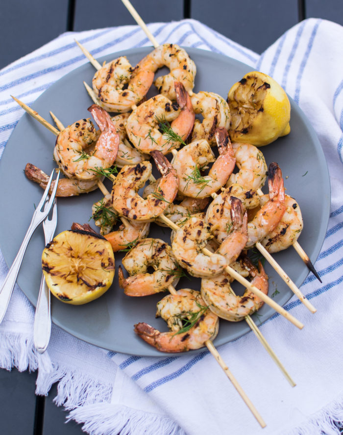 Grilled Dill Shrimp Skewers with lemon