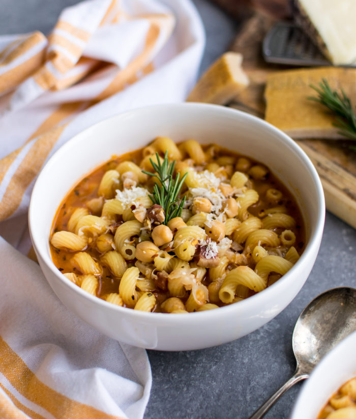 Pasta e Fagioli in bowl with cheese