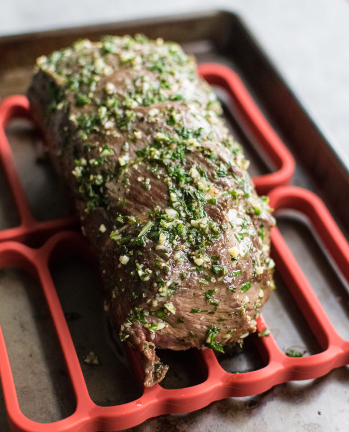 her crusted beef roast on roasting rack