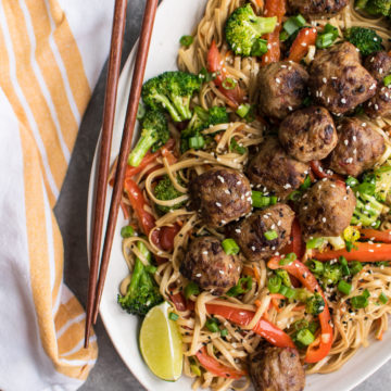 stir fried noodles with teriyaki meatballs