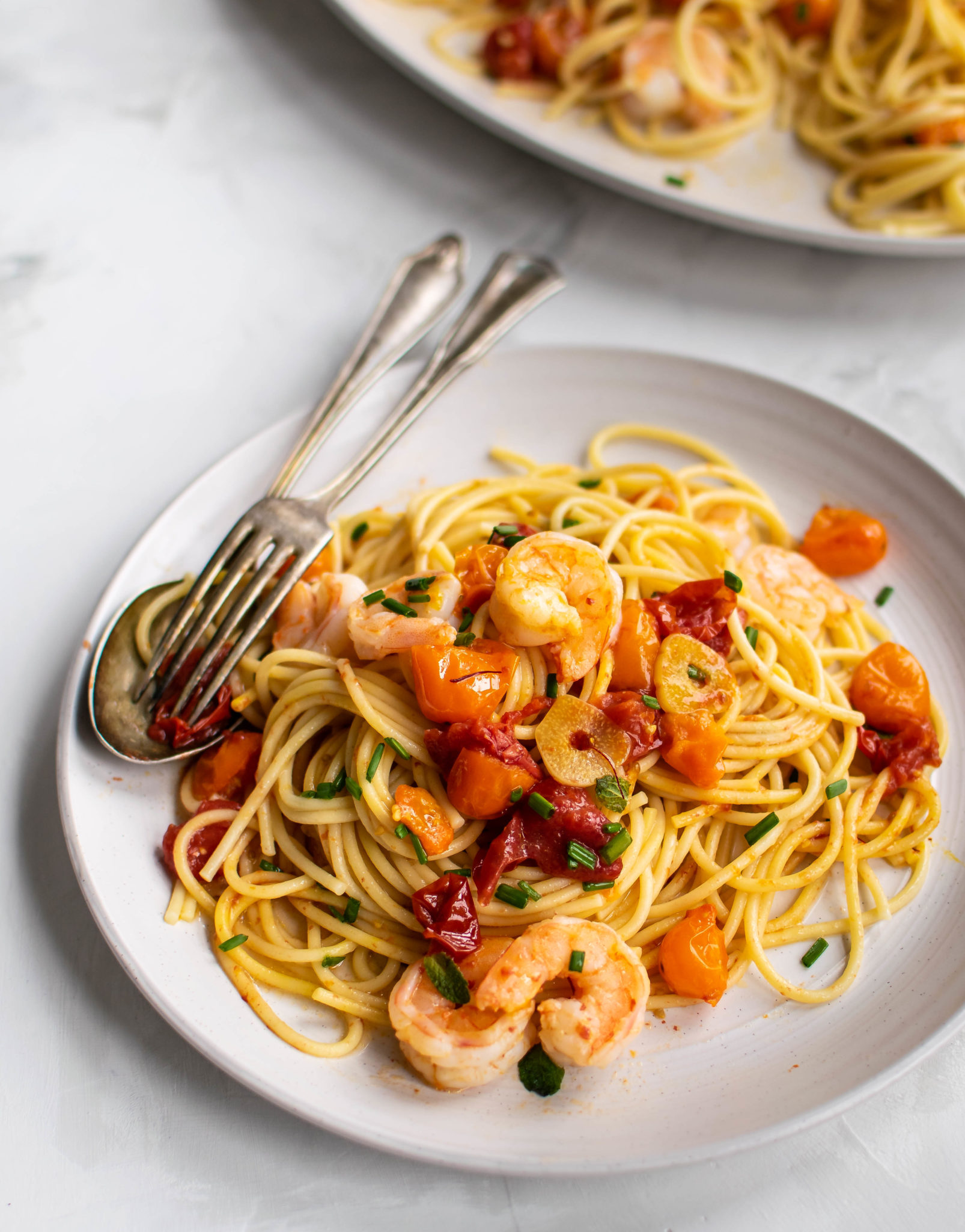 Spaghetti with Saffron Roasted Tomatoes and Shrimp | Carolyn's Cooking