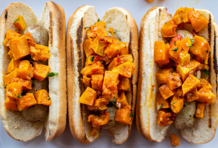 Grilled Sausages with Butternut Squash Relish