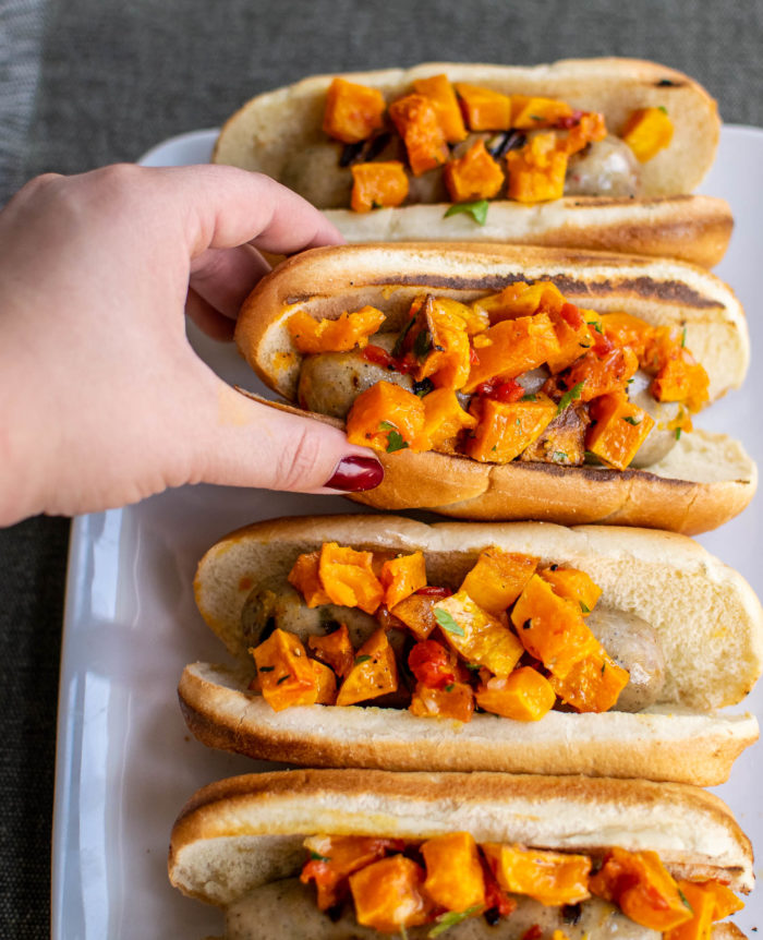 grilled sausages with butternut squash relish