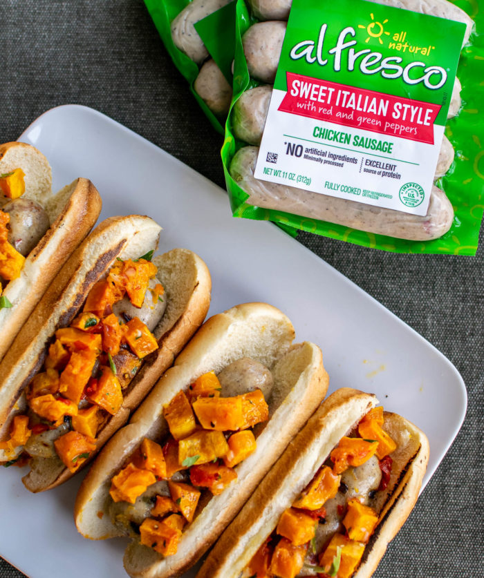 grilled sausages with butternut squash relish