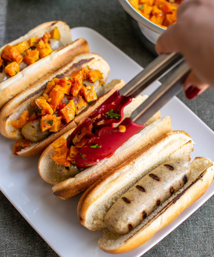grilled sausages with butternut squash relish