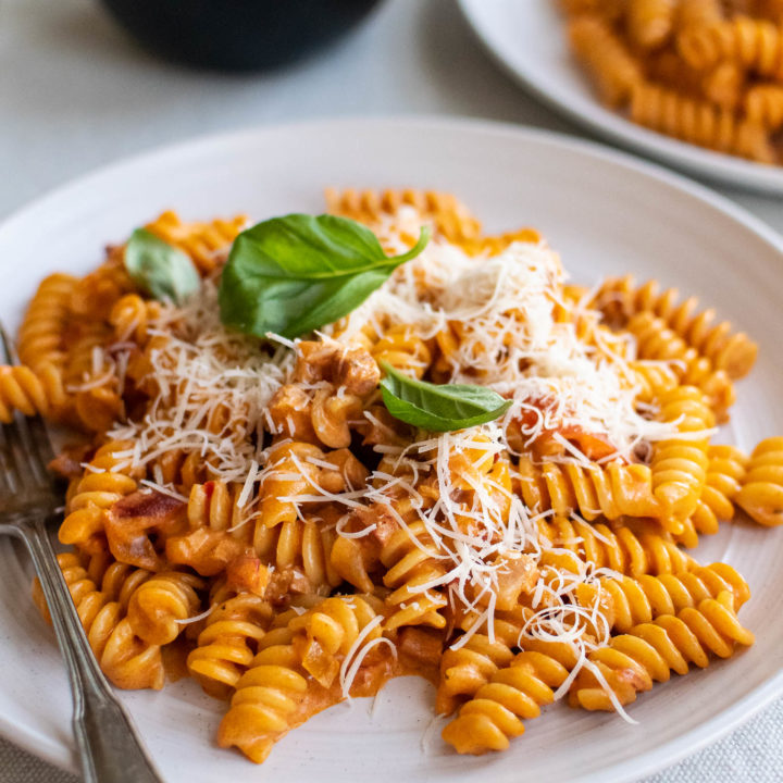 Fusilli alla vodka with pancetta and peppers