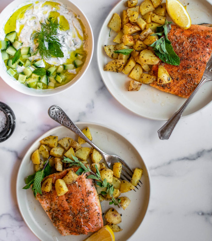 Greek Salmon and Potatoes with Tzatziki