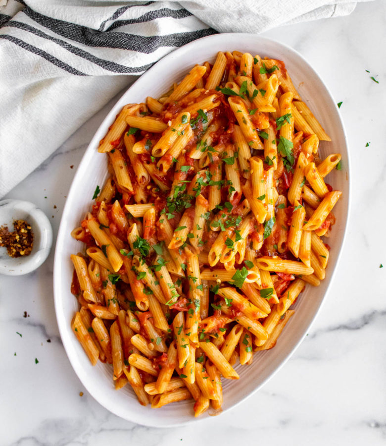 Penne all’Arrabbiata on a serving platter.