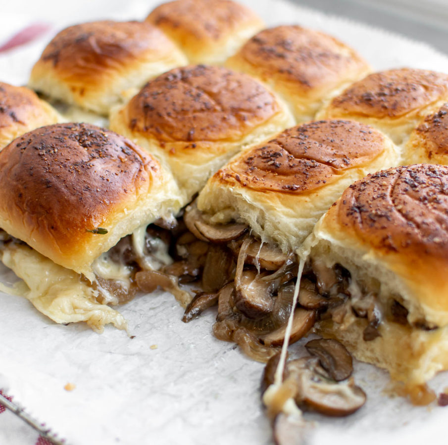 Close up of the inside of the Vegetarian Cheesy Mushroom Sliders.