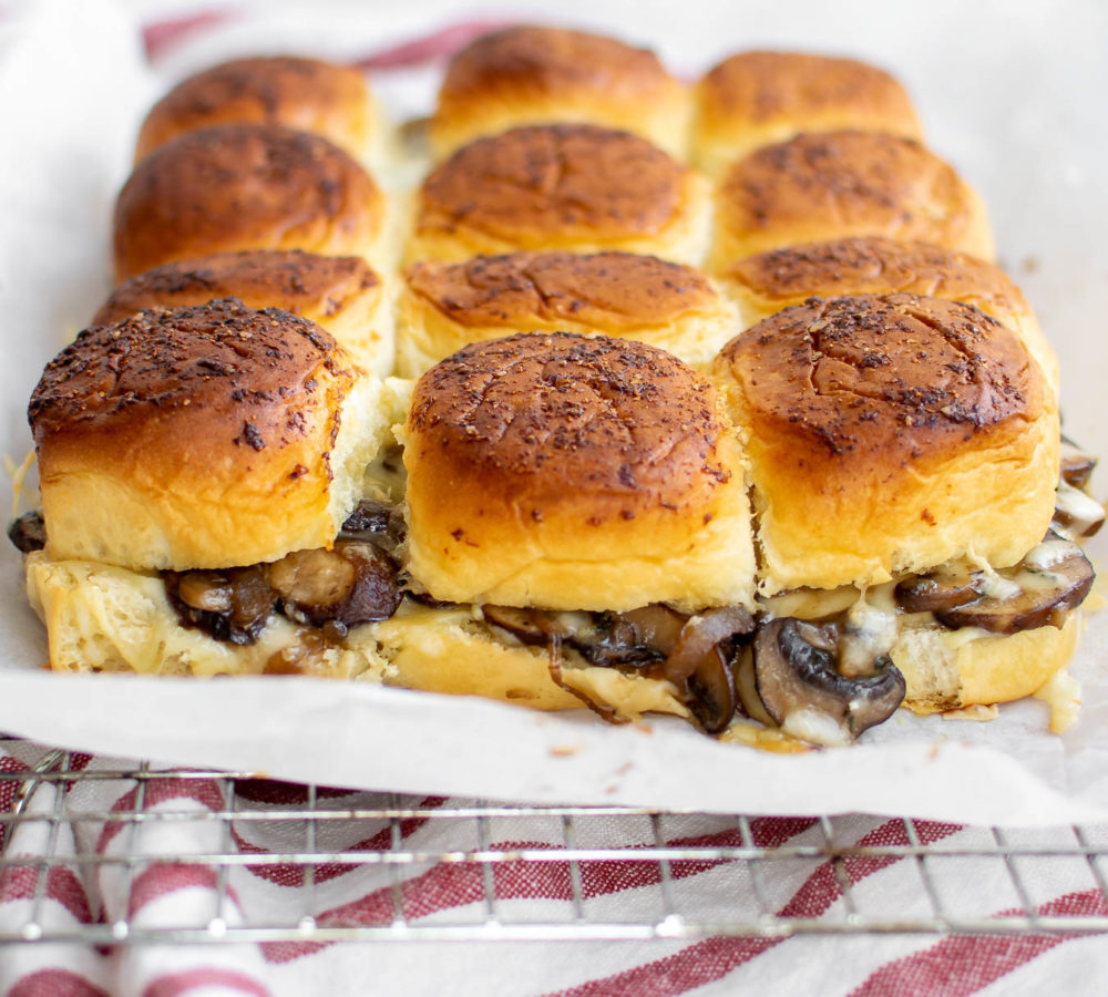 Vegetarian Cheesy Mushroom Sliders.