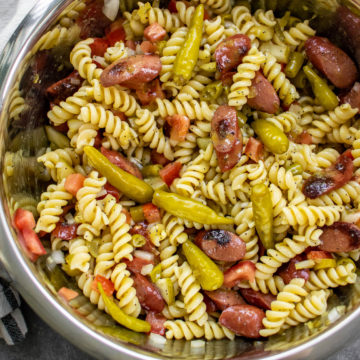 Chicago Hot Dog Pasta Salad in a mixing bowl.