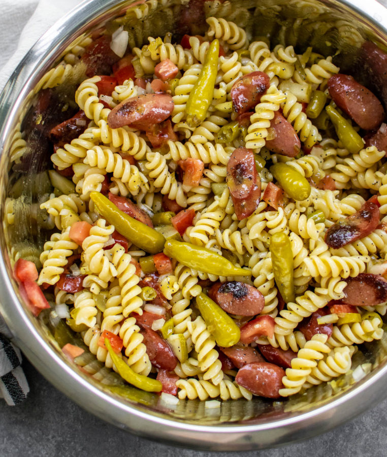 Chicago Hot Dog Pasta Salad in a mixing bowl.