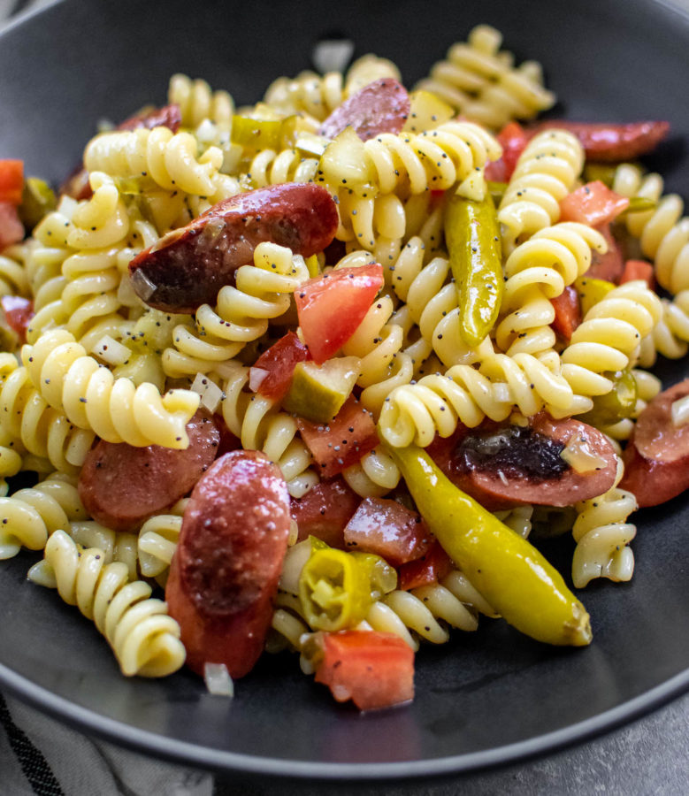 A serving of Chicago Hot Dog Pasta Salad in a bowl. 