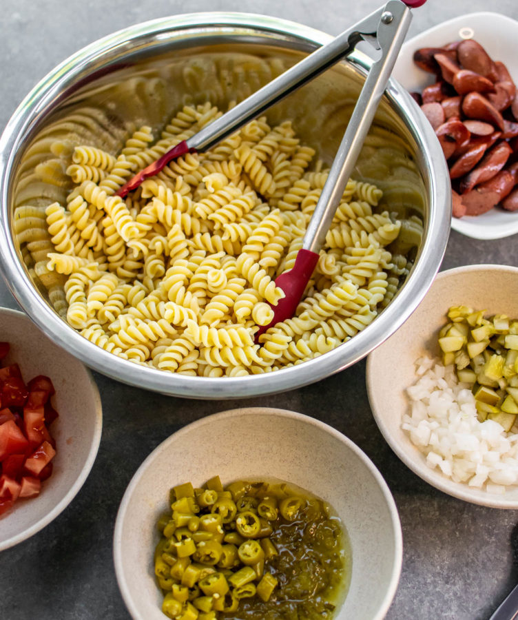 Chicago Hot Dog Pasta Salad ingredients in separate small bowls.
