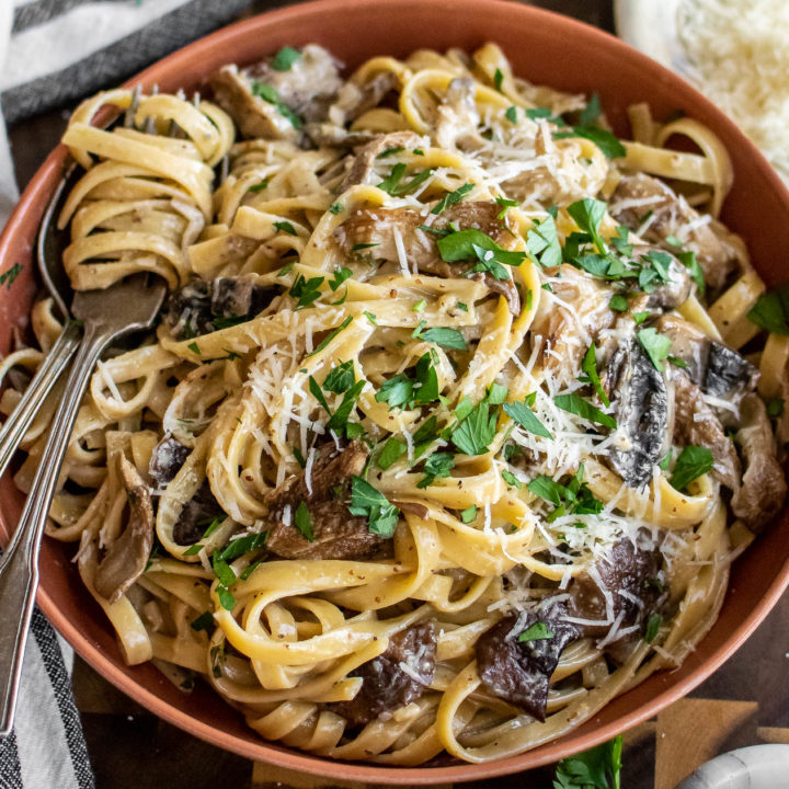 Creamy Mushroom Pasta in a bowl.