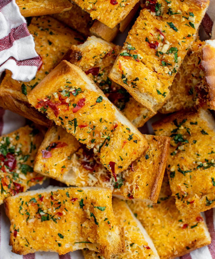 Calabrian Chili Garlic Bread in a serving bowl.